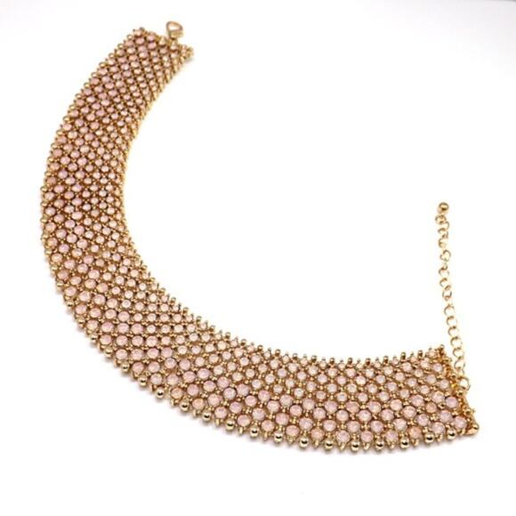 Pink Faux Opal Rhinestone Gold Stretch Links Wide Collar Necklace - Picture 5 of 8